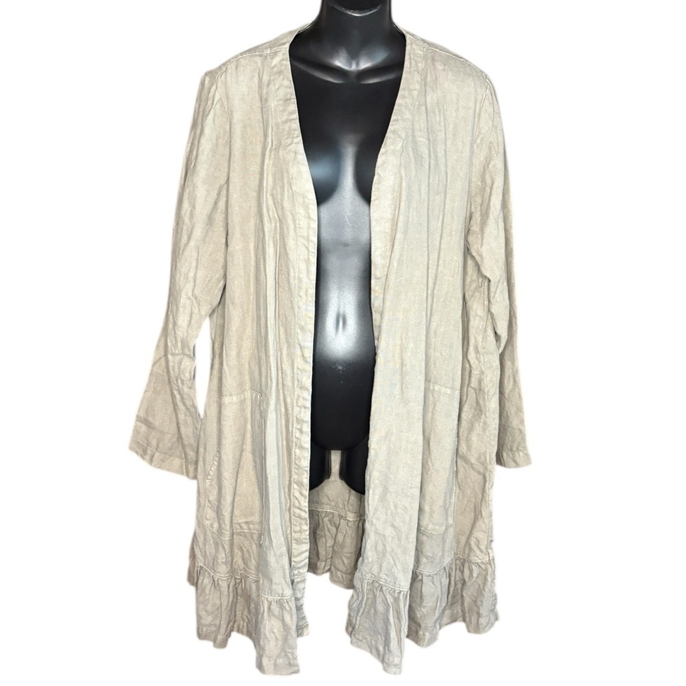 J. JILL Garment Dyed Linen Olive Green Cardigan Jacket Coastal Longline sz L - Picture 2 of 7